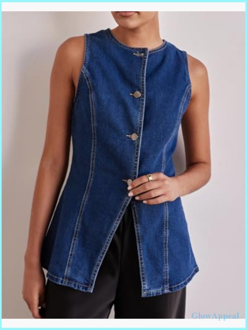 Long Denim Vest Sleeveless Button-Up Back Slit Jean Jacket Waistcoat Y2K - Picture 3 of 7